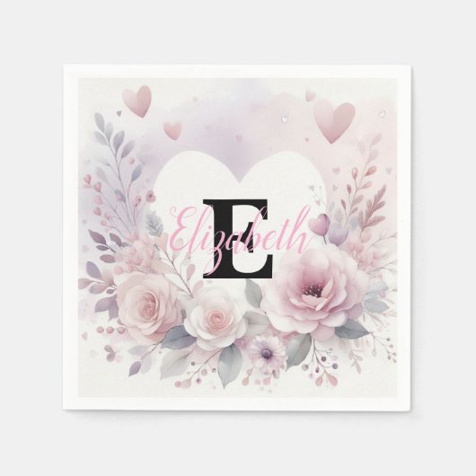 Monogramm-Name Blumenherzen romantische Wasserfarb Serviette (Vorderseite)
