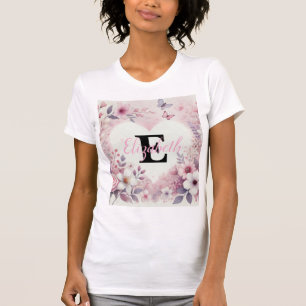 Monogramm-Name Blumenherzen romantische Wasserfarb T-Shirt