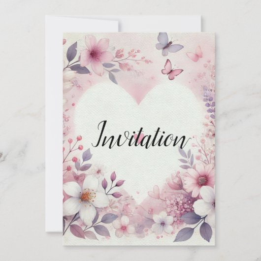 Monogramm-Name Blumenherzen romantisches Aquarell Einladung (Vorderseite)