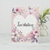 Monogramm-Name Blumenherzen romantisches Aquarell Einladung (Stehend Vorderseite)