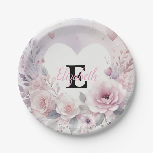 Monogramm-Name Blumenherzen romantisches Wasserfar Pappteller (Vorderseite)