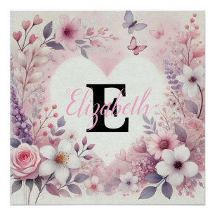 Monogramm-Name Blumenherzen romantisches Wasserfar Poster