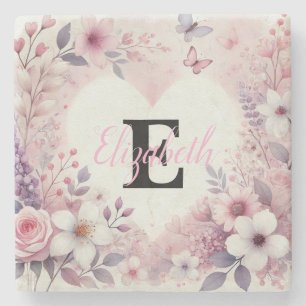 Monogramm-Name Blumenherzen romantisches Wasserfar Steinuntersetzer