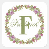 Monogramm Name Blumenkranz Grün Lila rosa Quadratischer Aufkleber (Vorderseite)