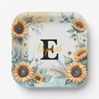 Monogramm Name Blumensonnenblume pastellfarben Pappteller