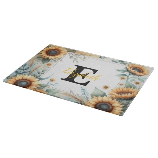 Monogramm Name Blumensonnenblume pastellfarben Schneidebrett (Ecke)