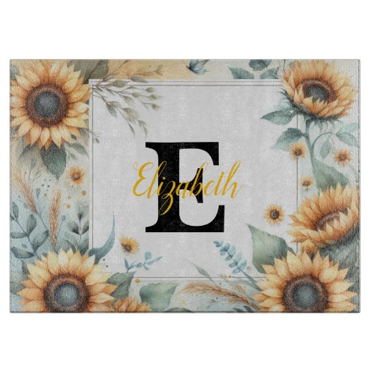 Monogramm Name Blumensonnenblume pastellfarben Schneidebrett (Vorderseite)