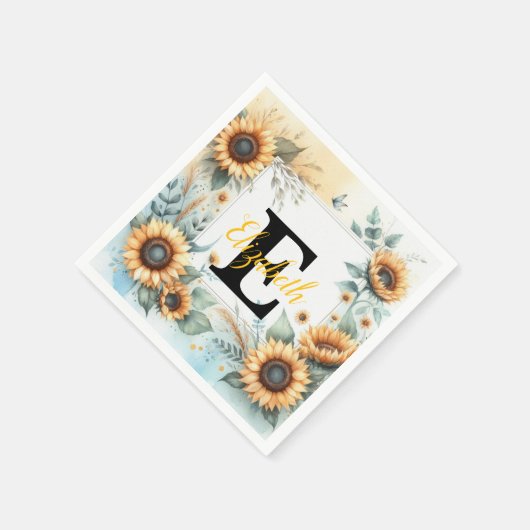 Monogramm Name Blumensonnenblume pastellfarben Serviette (Ecke)