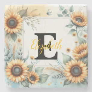 Monogramm Name Blumensonnenblume pastellfarben Steinuntersetzer
