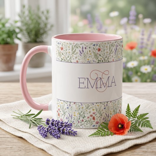 Monogramm Name Boho Lavendel Wildblumen Muster Tasse