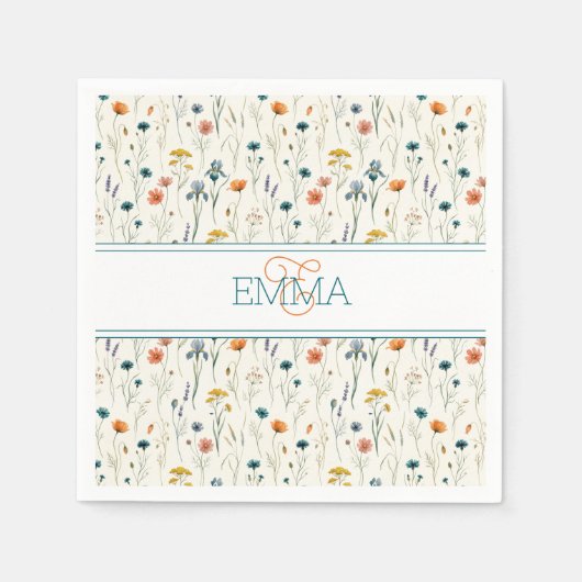 Monogramm Name Boho Wildblumen Muster Orange Teal Serviette (Vorderseite)