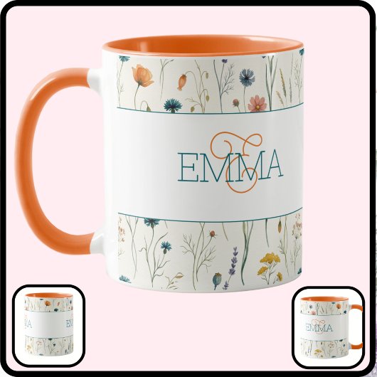 Monogramm Name Boho Wildblumen Muster Orange Teal Tasse