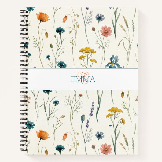 Monogramm Name Boho Wildblumen Muster Orange Türki Notizblock (Vorderseite)