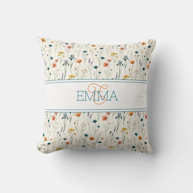 Monogramm Name Boho Wildflower-Muster Orange Teal Kissen (Vorderseite)