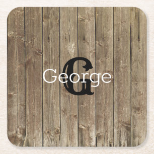 Monogramm Name Braun Holz Personalisiert Rechteckiger Pappuntersetzer