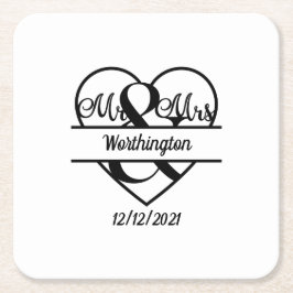 Monogramm Name Datum Herz Hochzeit Rechteckiger Pappuntersetzer