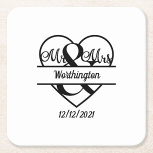 Monogramm Name Datum Herz Hochzeit Rechteckiger Pappuntersetzer