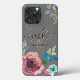Monogramm Name der eleganten grauen botanischen Ro Case-Mate iPhone Hülle