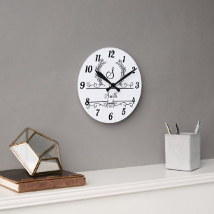 Monogramm Name der Familie Schrift Blätter Runde Wanduhr