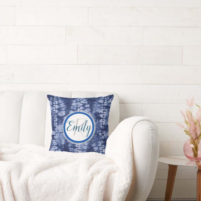 Monogramm Name der Gefärbte Krawatte Blue & White  Kissen (Liege)