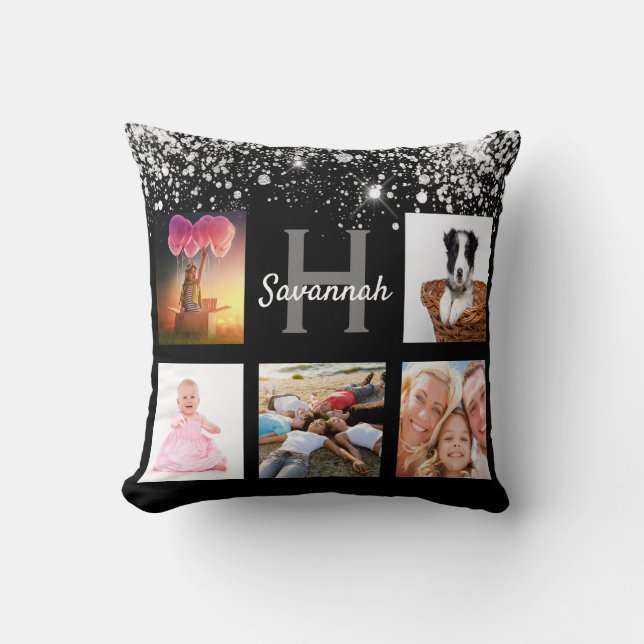 Monogramm-Name des Fotos mit schwarzem silberfarbe Kissen (Vorderseite)