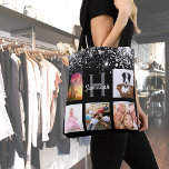 Monogramm-Name des Fotos mit schwarzem silberfarbe Tasche<br><div class="desc">Ein einzigartiges Geschenk zum Geburtstag, Weihnachten, Muttertag, Feiern ihr Leben mit einer Collage von 5 Ihrer eigenen Fotos, Bilder. Personalisieren und fügen Sie ihren Namen und Monogramm-Brief. Ein stilvoller schwarzer Hintergrund. Dekoriert mit Imitaten silberner Glitzer Staub. Graue und weiße Buchstaben und Zahlen. Der Name ist mit einem modernen handgeschriebenen Stilskript...</div>