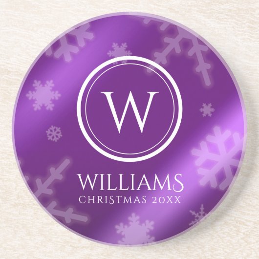 Monogramm Name des Lila Schneeflocken Getränkeuntersetzer (Vorne)