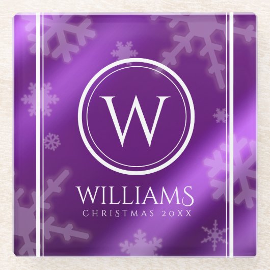 Monogramm Name des Lila Schneeflocken Glasuntersetzer (Vorderseite)