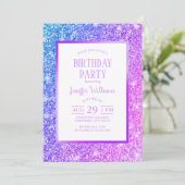 Monogramm Name des Lila und rosa Glitzer Einladung (Stehend Vorderseite)