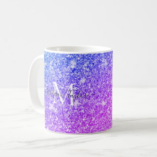 Monogramm Name des Lila und rosa Glitzer    Kaffeetasse (Vorderseite Links)