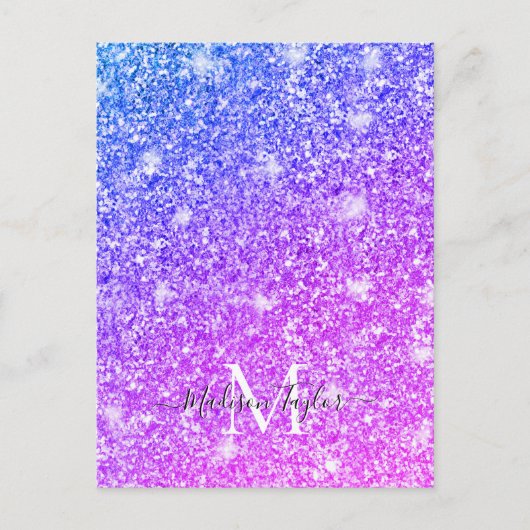 Monogramm Name des Lila und rosa Glitzer Postkarte (Vorderseite)