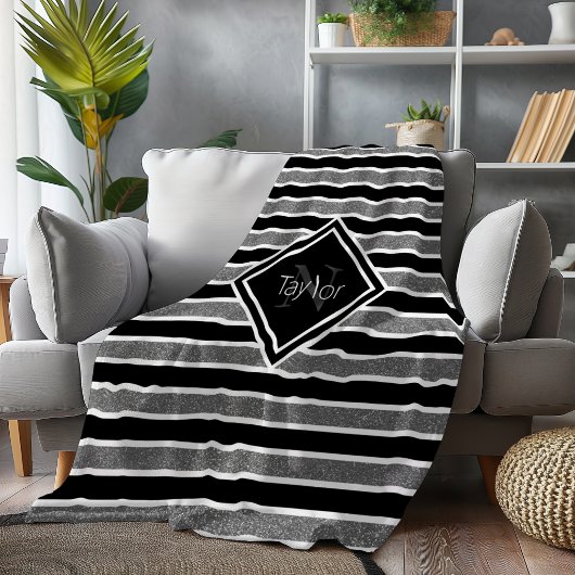 Monogramm Name des schwarzen grauen Glitzer Streif Fleecedecke