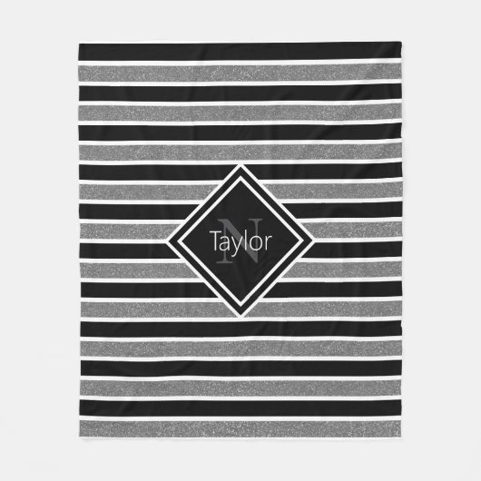 Monogramm Name des schwarzen grauen Glitzer Streif Fleecedecke (Vorderseite)