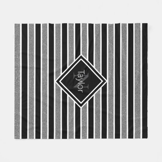 Monogramm Name des schwarzen grauen Glitzer Streif Fleecedecke (Vorderseite (Horizontal))