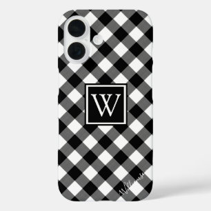 Monogramm/Name des Schwarzweiß-Buffalo-Karos iPhone 16 Hülle