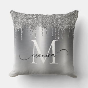 Monogramm Name des Silver Metal-Glitzer-Tropfens Kissen