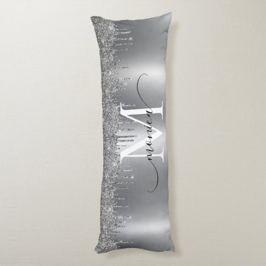 Monogramm Name des Silver Metal-Glitzer-Tropfens Seitenschläferkissen (Rückseite (Vertikal))