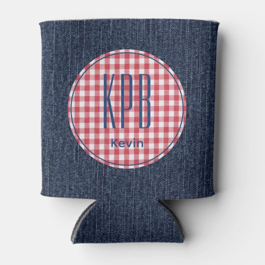 Monogramm Name Dunkelblauer Jeansdruck Gingham-Kar Dosenkühler (Vorderseite)