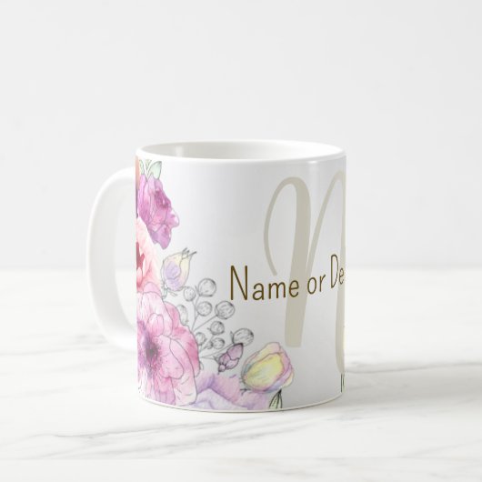 Monogramm Name farbenfroh rosa Blütensilber Kaffeetasse (Vorderseite Links)