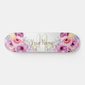Monogramm Name farbenfroh rosa Blütensilber Skateboard (Horizontal)