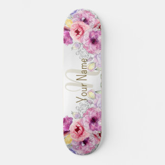 Monogramm Name farbenfroh rosa Blütensilber Skateboard