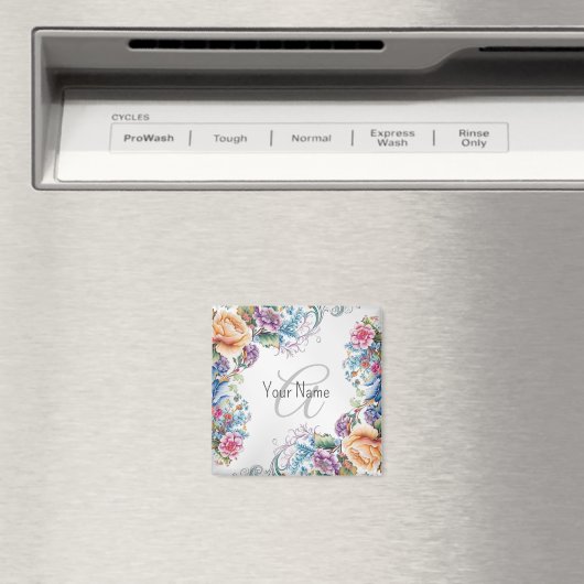 Monogramm Name farbenfrohe Blumenrahmen Elegant Mo Magnet (In Situ (Geschirrspüler))