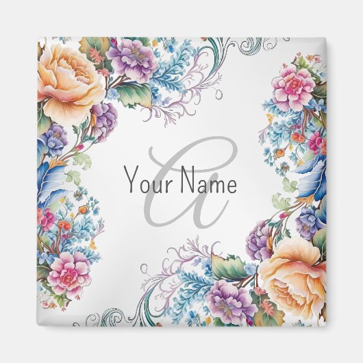 Monogramm Name farbenfrohe Blumenrahmen Elegant Mo Magnet (Vorne)