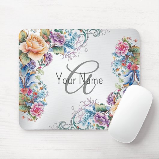 Monogramm Name farbenfrohe Blumenrahmen Elegant Mo Mousepad (Mit Mouse)