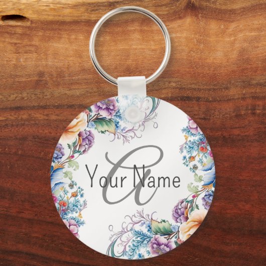 Monogramm Name farbenfrohe Blumenrahmen Elegant Mo Schlüsselanhänger (Rückseite)
