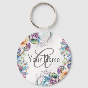 Monogramm Name Farbige Blumenrahmen Elegant Modern Schlüsselanhänger