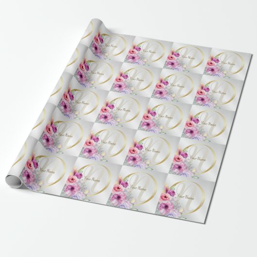 Monogramm-Name Farbige rosa Blumen mit goldenem Ra Geschenkpapier (Ungerollt)
