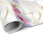 Monogramm-Name Farbige rosa Blumen mit goldenem Ra Geschenkpapier (Rolleneckpunkt)