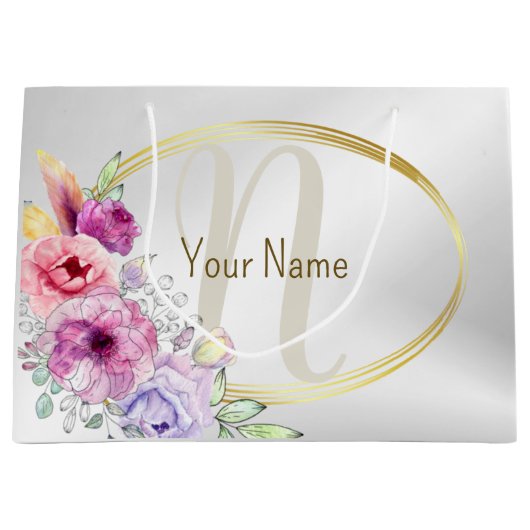 Monogramm Name Farbrosa Blütengoldene Rahmen Große Geschenktüte (Vorderseite)