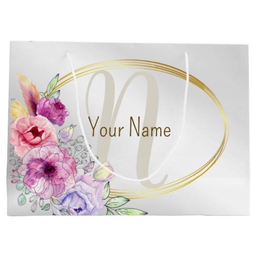 Monogramm Name Farbrosa Blütengoldene Rahmen Große Geschenktüte (Rückseite)